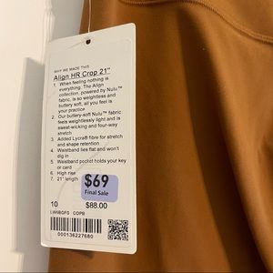 Brand new with tags! Lululemon Align crop camel colored leggings in size 10.